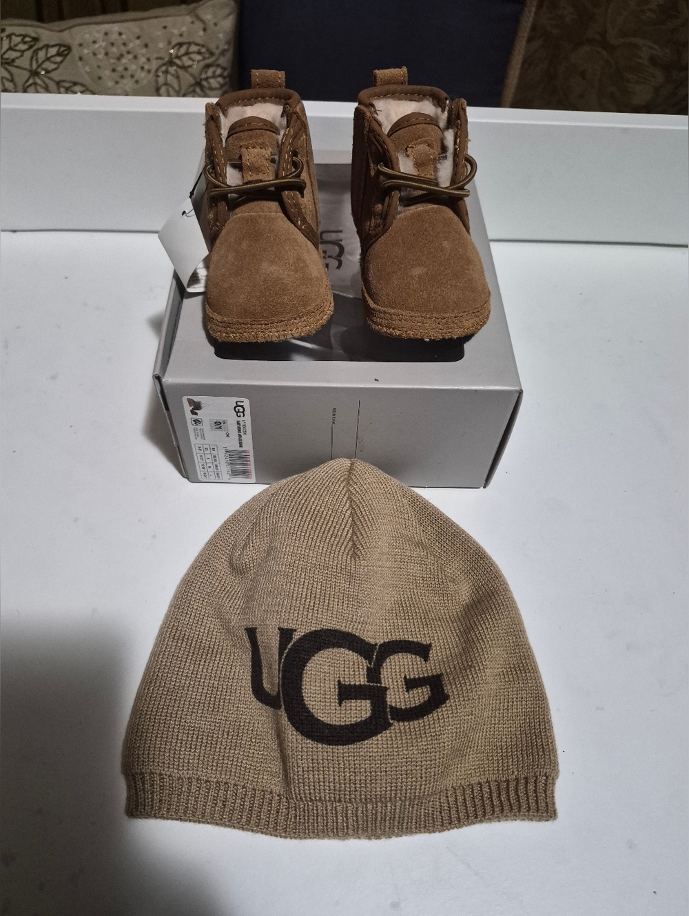 UGG Chestnut Suede Baby Moccasins and Tan Logo Beanie Set